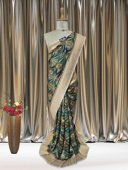 Multi-hued Pure Tussar Georgette Hand Brush Design Banarasi Handloom Saree