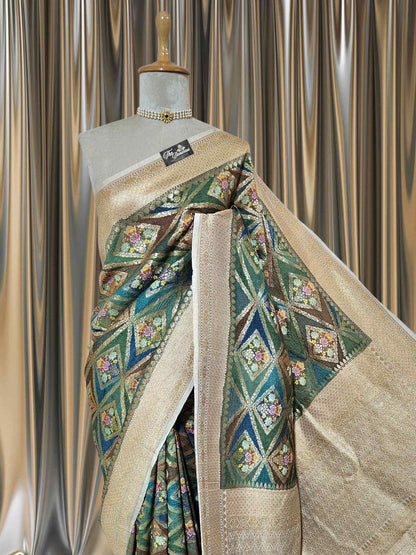 Multi-hued Pure Tussar Georgette Hand Brush Design Banarasi Handloom Saree