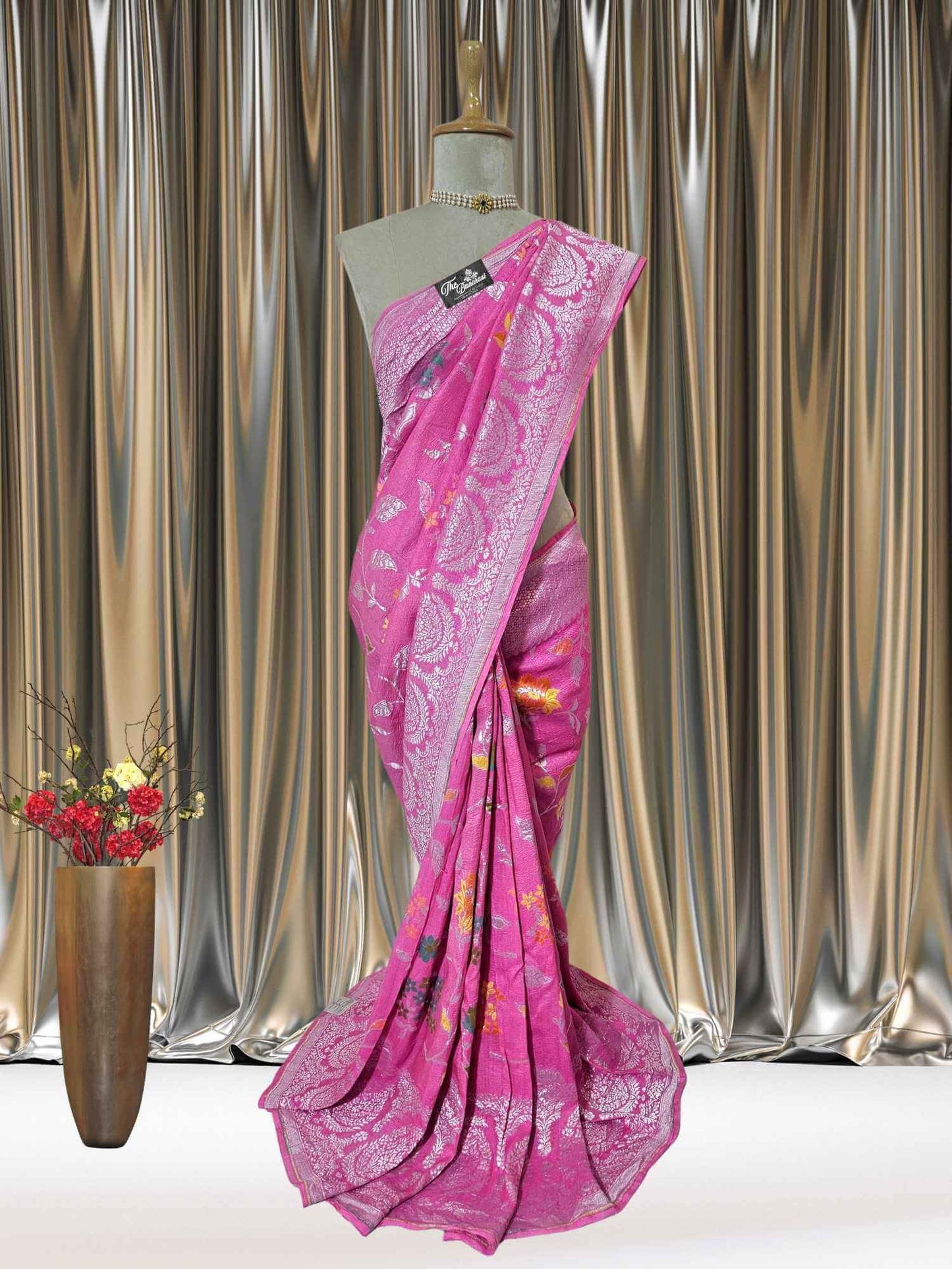 Ballet Slipper Pink Pure Tussar Georgette Meenakari Design Banarasi Handloom Saree