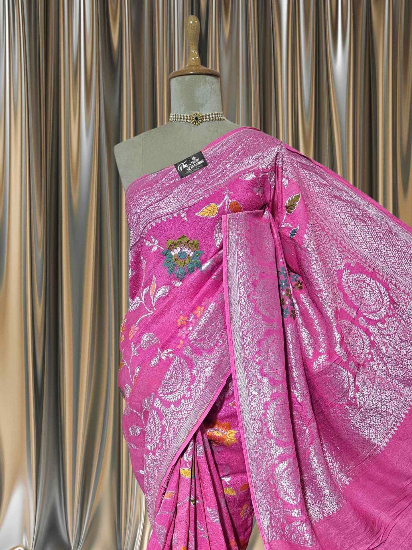 Ballet Slipper Pink Pure Tussar Georgette Meenakari Design Banarasi Handloom Saree