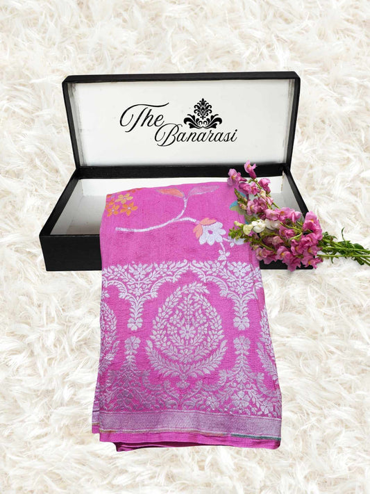 Ballet Slipper Pink Pure Tussar Georgette Meenakari Design Banarasi Handloom Saree