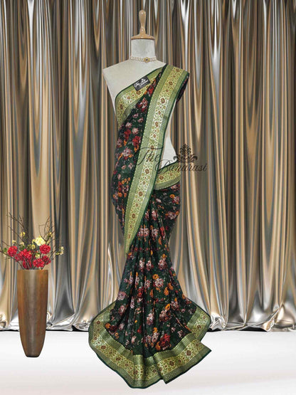 Forest Green Pure Chiffon Printed Banarasi Handloom Saree