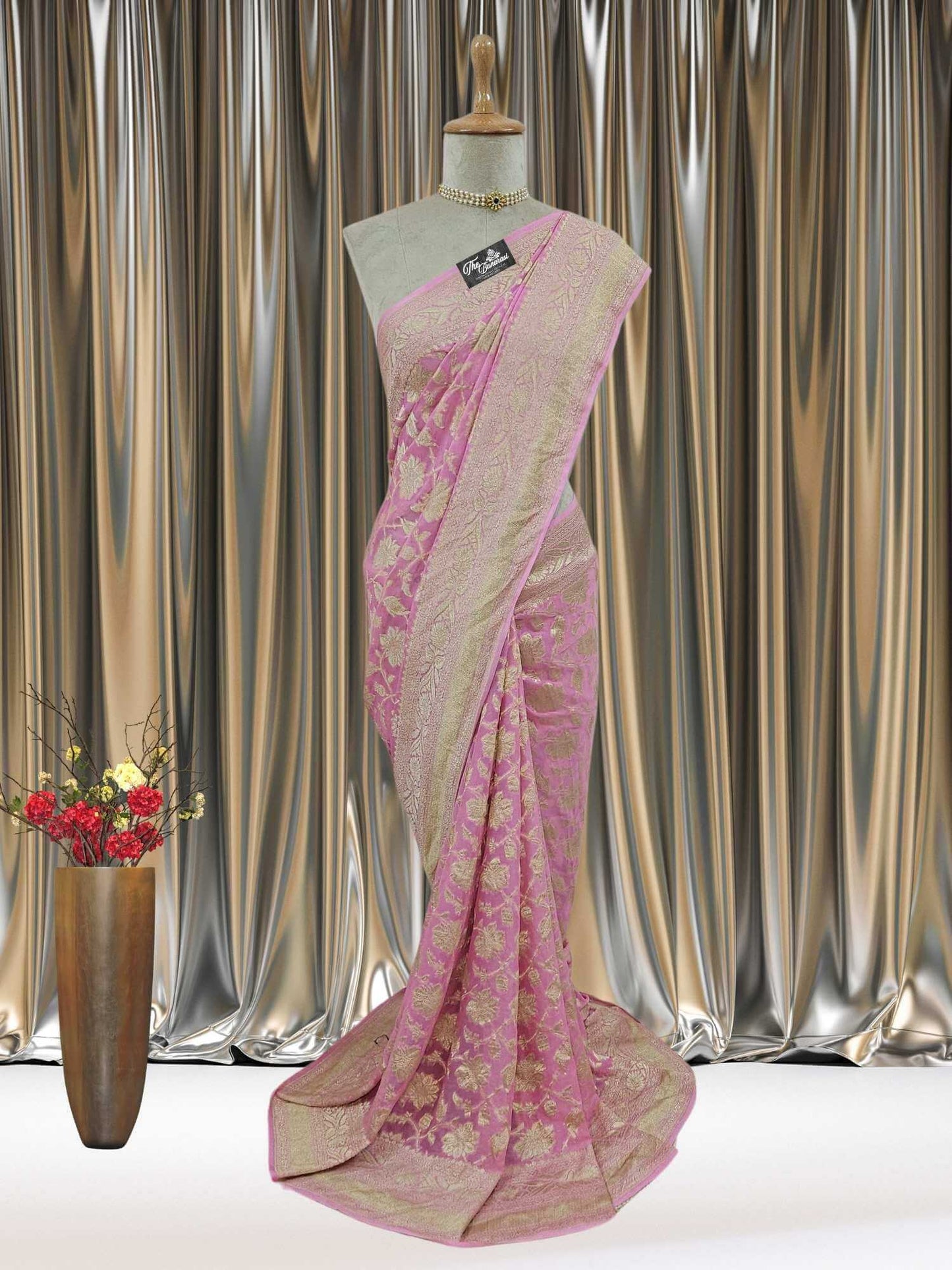 Baby Pink Khaddi Georgette Water Zari Banarasi Handloom Saree