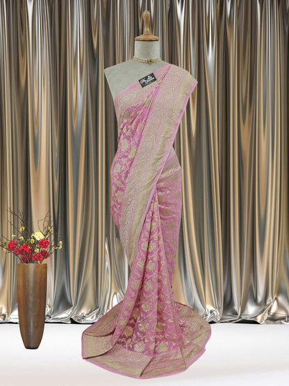 Baby Pink Khaddi Georgette Water Zari Banarasi Handloom Saree