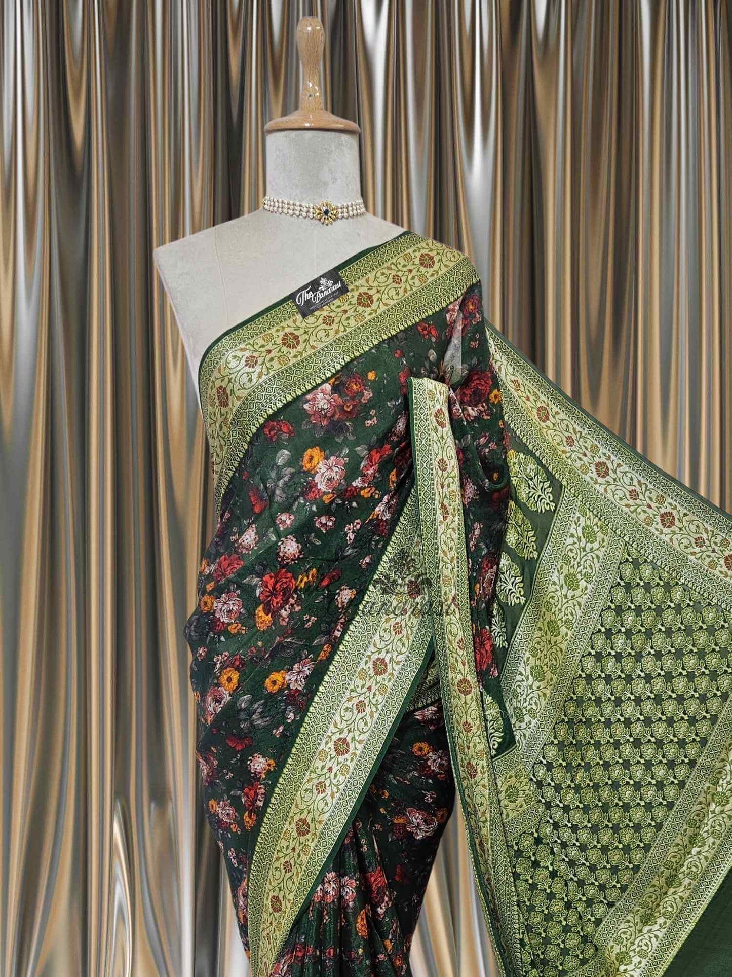 Forest Green Pure Chiffon Printed Banarasi Handloom Saree