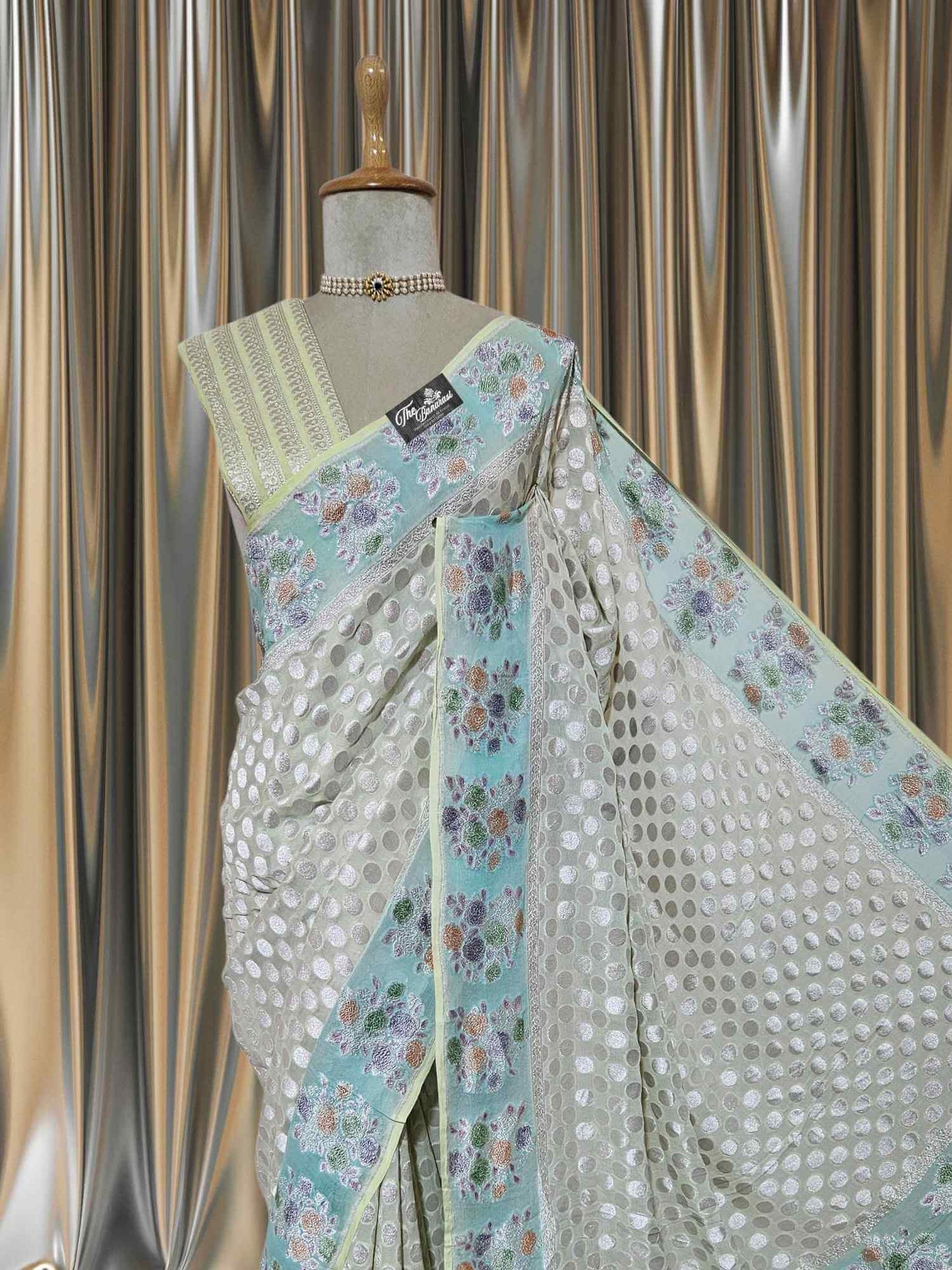 White Khaddi Georgette Hand Brush Water Zari Banarasi Handloom Saree