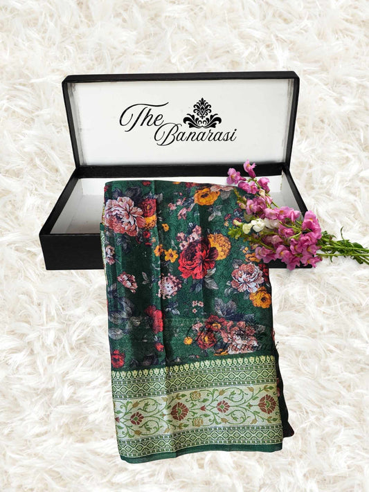 Forest Green Pure Chiffon Printed Banarasi Handloom Saree
