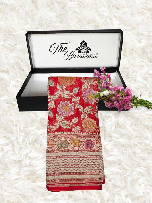 Red Khaddi Georgette Water Zari Banarasi Handloom Saree