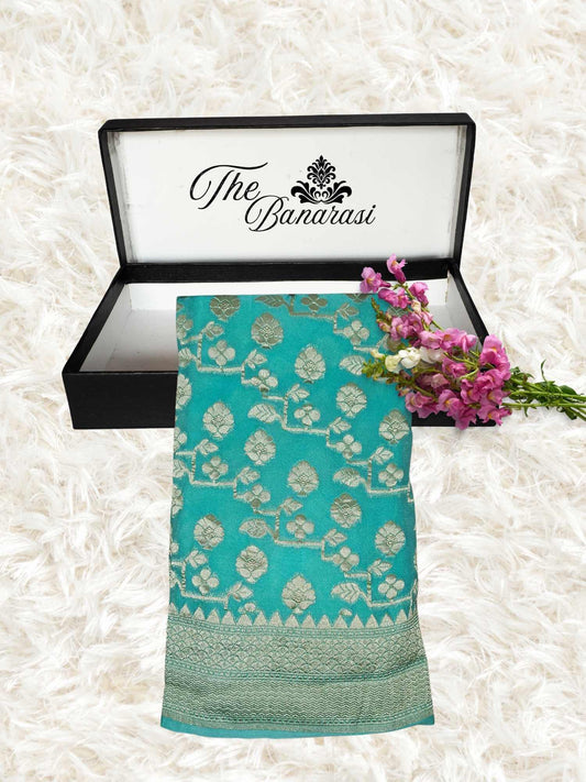 Arctic Blue Khaddi Georgette Water Zari Banarasi Handloom Saree