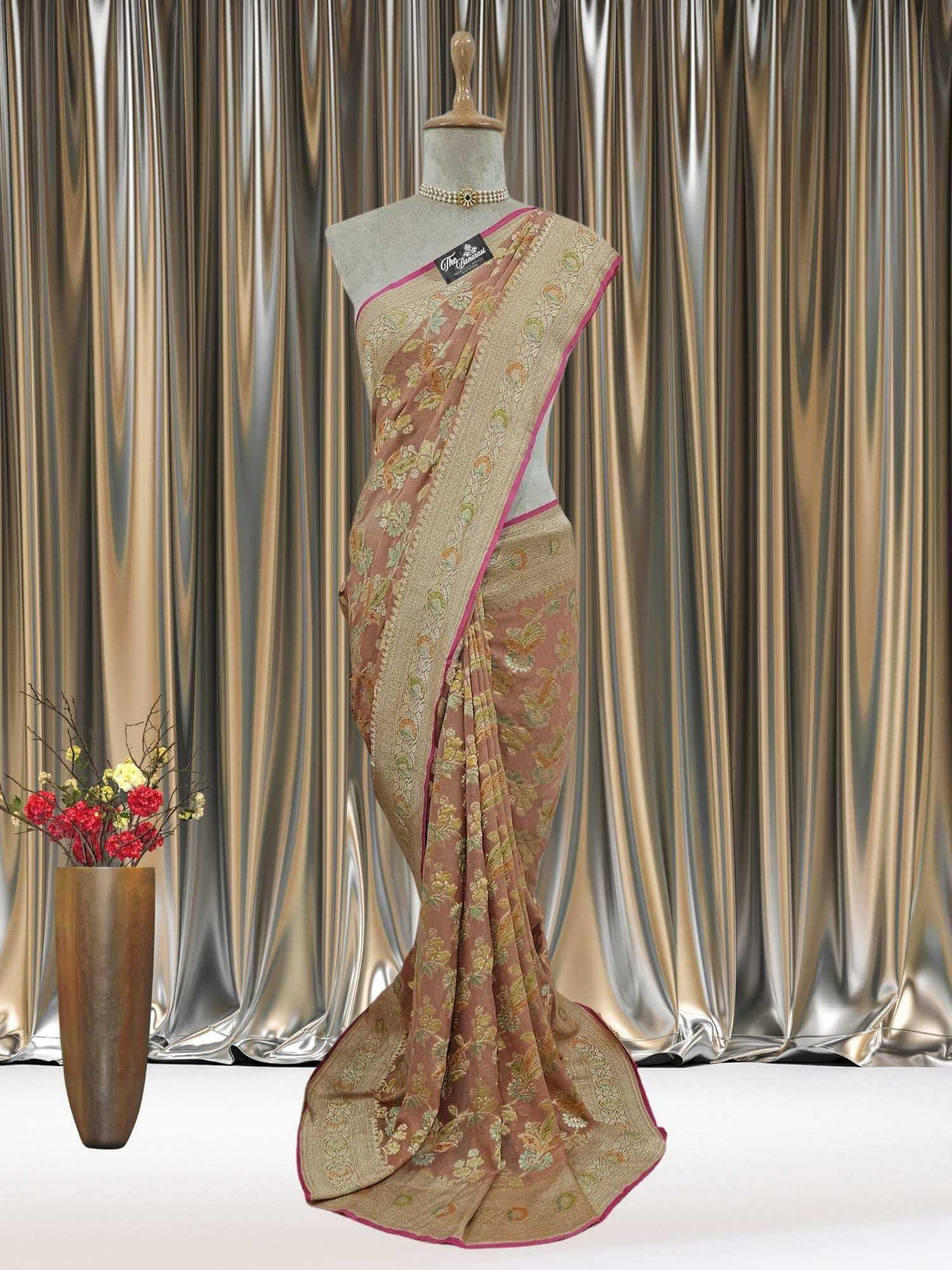 Pastel Peach Khaddi Georgette Water Zari Banarasi Handloom Saree