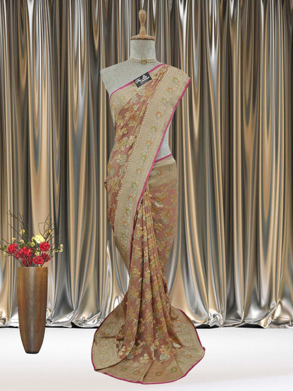 Pastel Peach Khaddi Georgette Water Zari Banarasi Handloom Saree