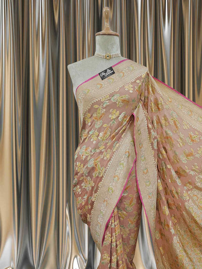 Pastel Peach Khaddi Georgette Water Zari Banarasi Handloom Saree