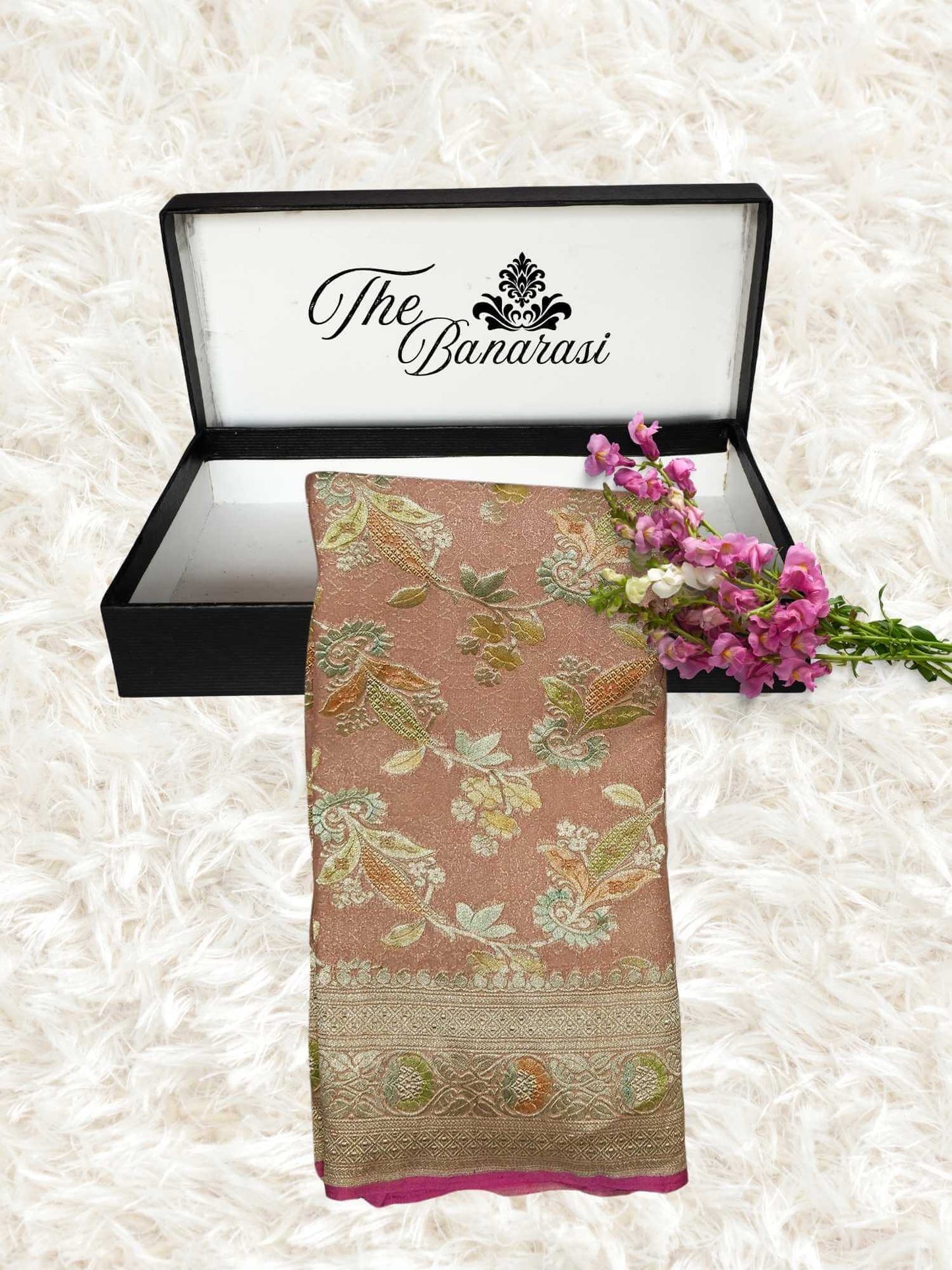 Pastel Peach Khaddi Georgette Water Zari Banarasi Handloom Saree