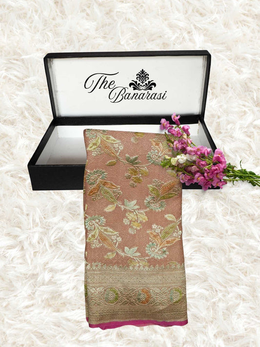 Pastel Peach Khaddi Georgette Water Zari Banarasi Handloom Saree