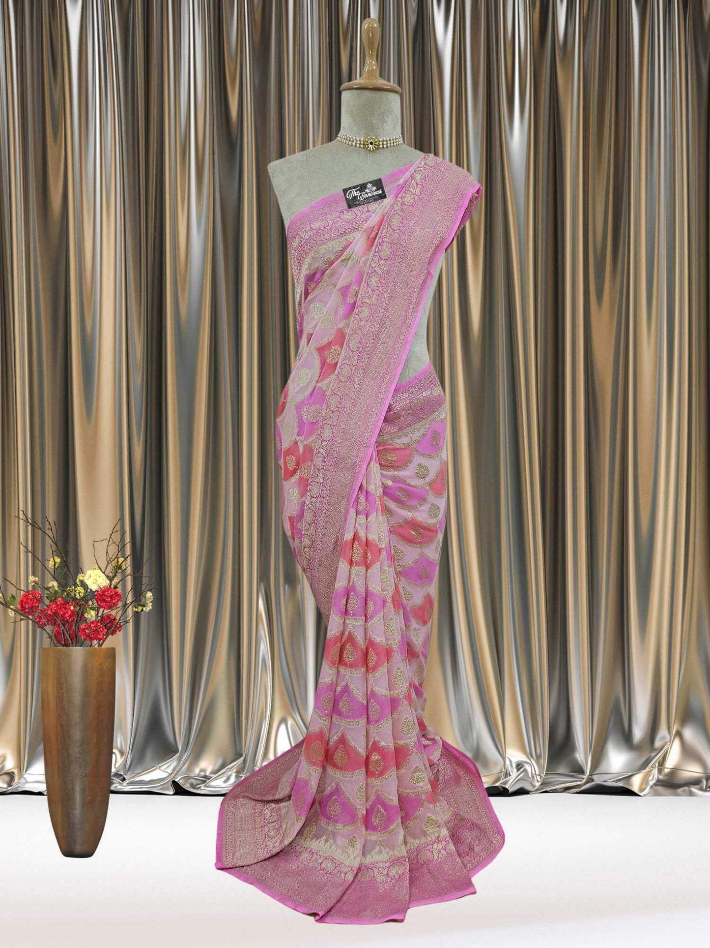 Light Pink Khaddi Georgette Water Zari Banarasi Handloom Saree