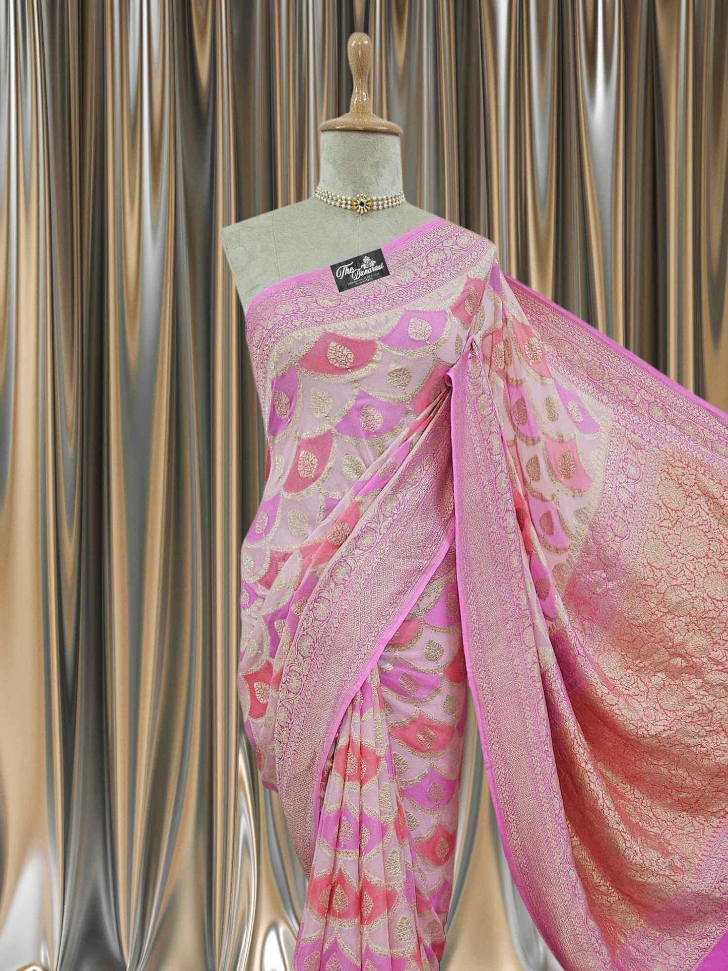 Light Pink Khaddi Georgette Water Zari Banarasi Handloom Saree