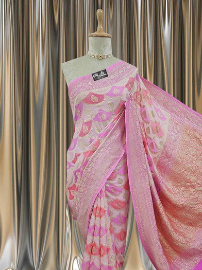 Light Pink Khaddi Georgette Water Zari Banarasi Handloom Saree