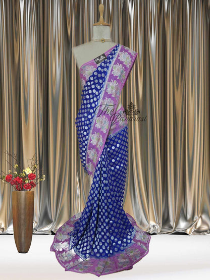 Royal Blue Khaddi Georgette Hand Brush Water Zari Banarasi Handloom Saree
