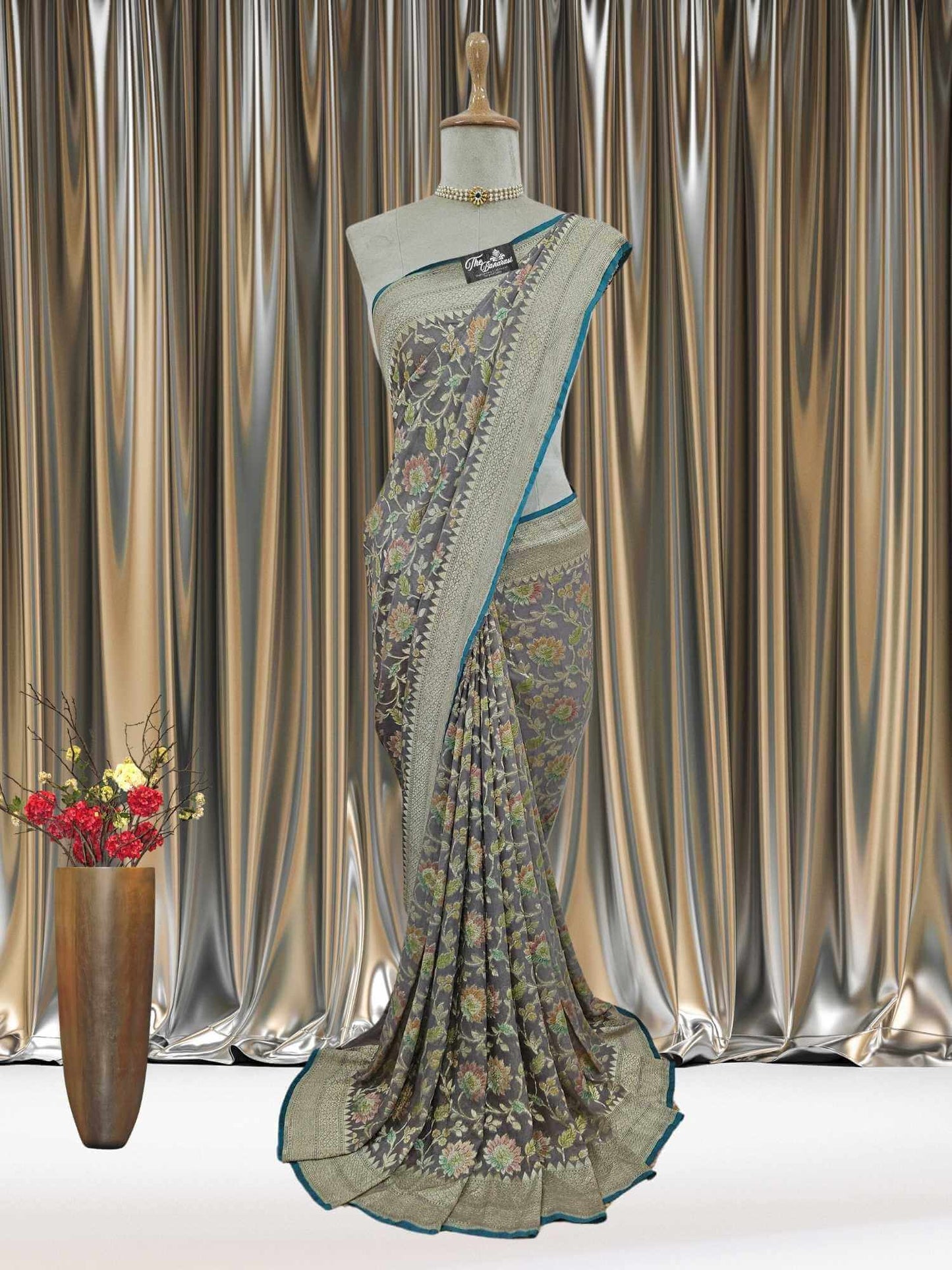 Grey Color Khaddi Georgette Water Zari Banarasi Handloom Saree