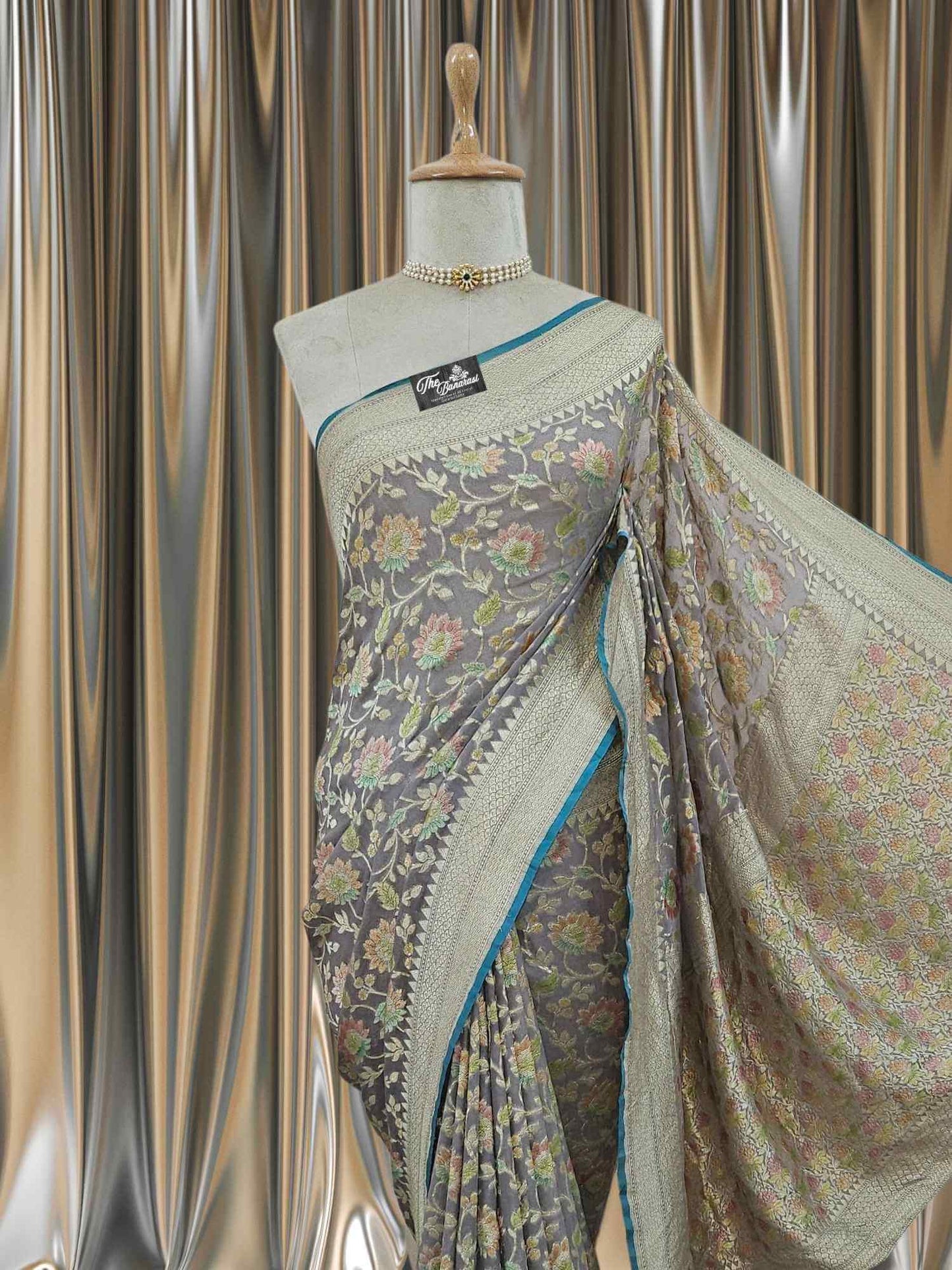 Grey Color Khaddi Georgette Water Zari Banarasi Handloom Saree