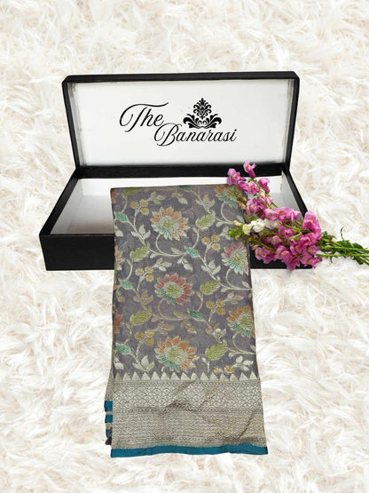 Grey Color Khaddi Georgette Water Zari Banarasi Handloom Saree