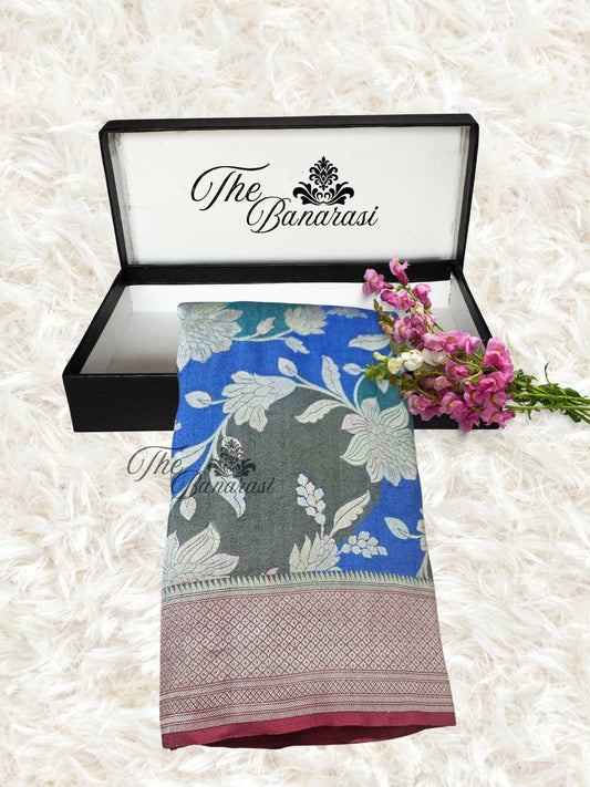 Multi-hued Pure Tussar Georgette Hand Brush Design Banarasi Handloom Saree