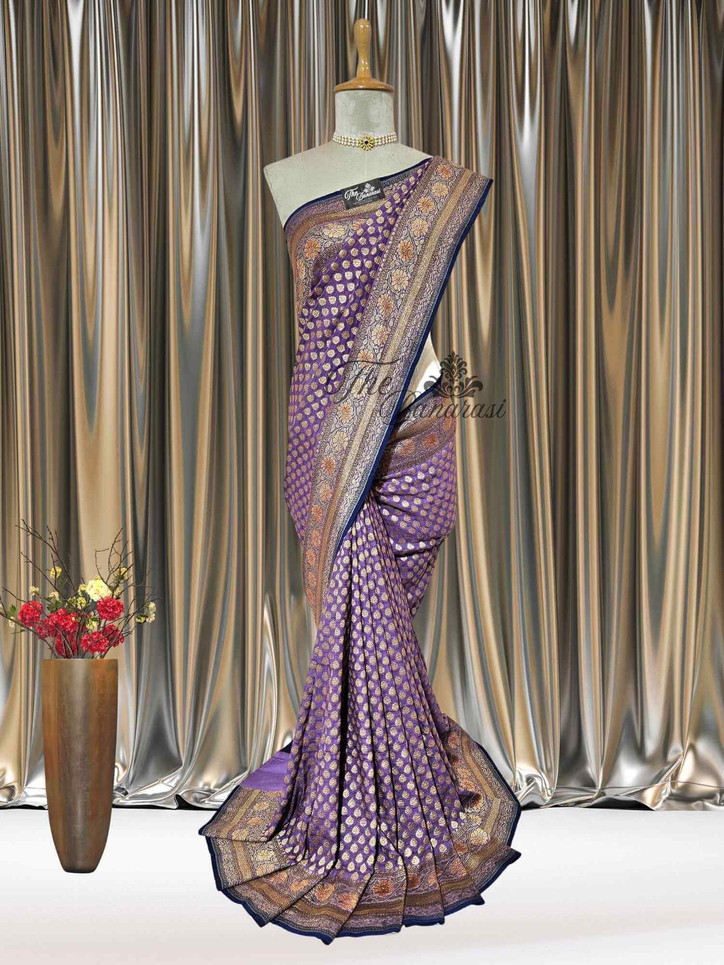 Iris Purple Khaddi Georgette Hand Brush Antique Zari Banarasi Handloom Saree