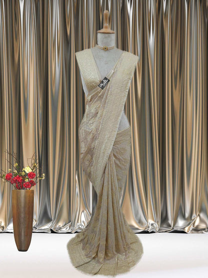 Cream Color Khaddi Georgette Water Zari Banarasi Handloom Saree
