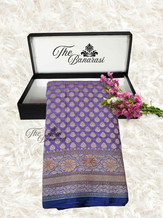 Iris Purple Khaddi Georgette Hand Brush Antique Zari Banarasi Handloom Saree