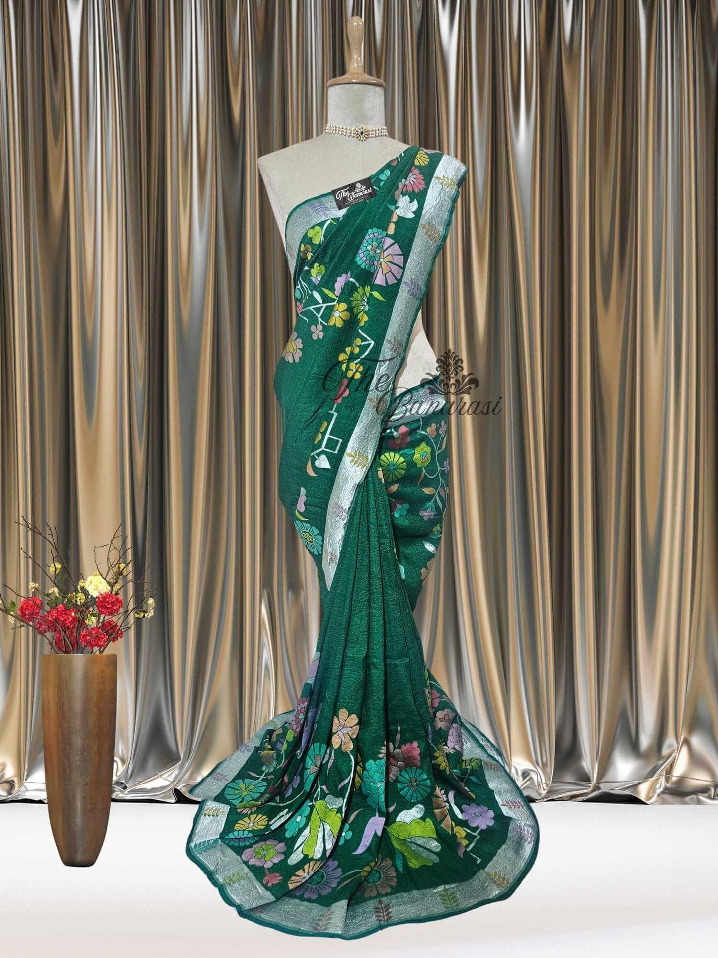 Forest Green Pure Tussar Georgette Hand Brush Design Banarasi Handloom Saree