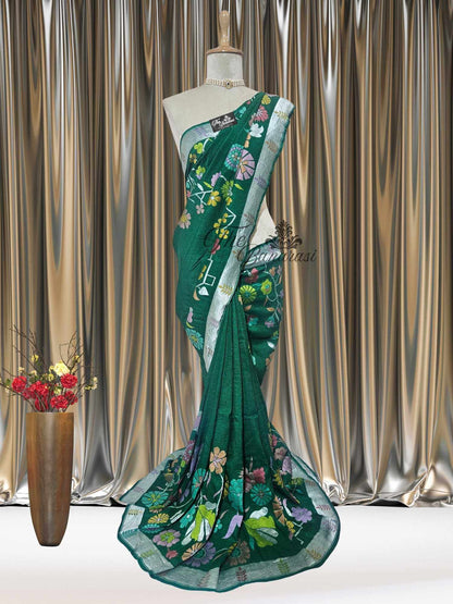 Forest Green Pure Tussar Georgette Hand Brush Design Banarasi Handloom Saree