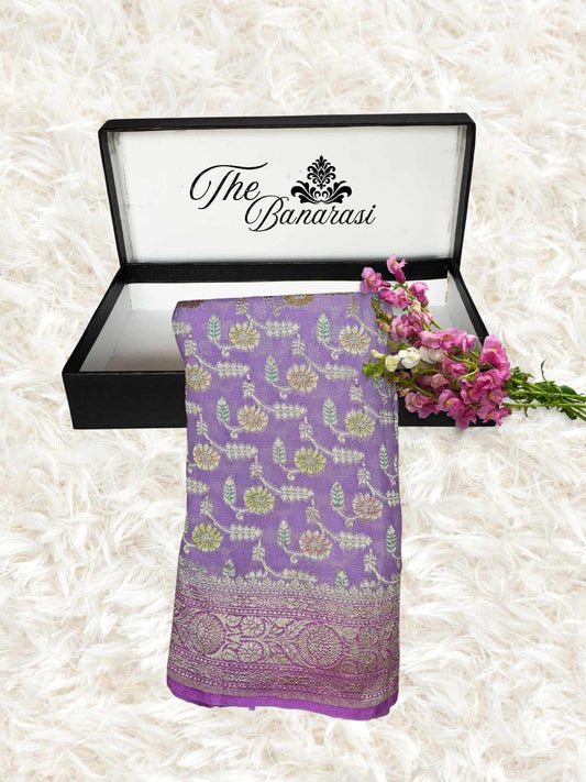 Light Purple Khaddi Georgette Water Zari Banarasi Handloom Saree