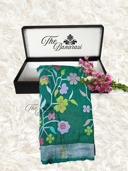 Forest Green Pure Tussar Georgette Hand Brush Design Banarasi Handloom Saree