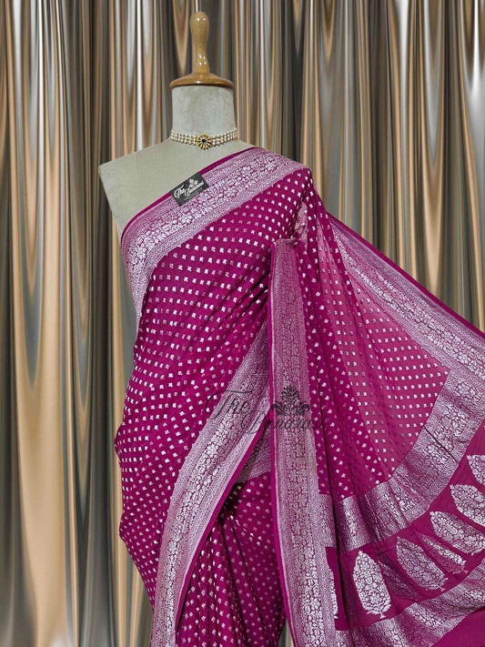 Strawberry Pink Khaddi Georgette Water Zari Banarasi Handloom Saree