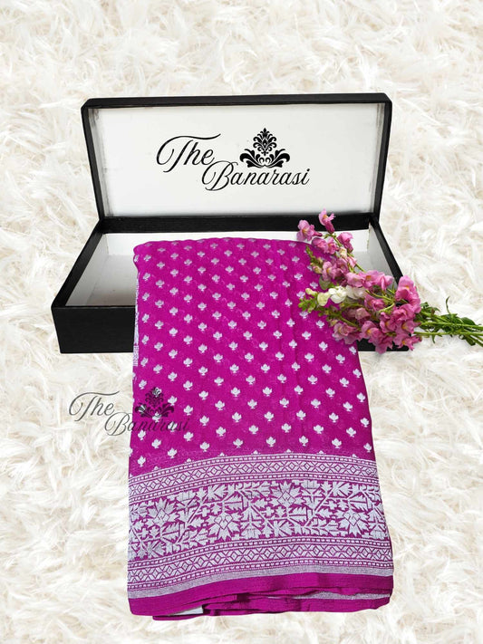 Strawberry Pink Khaddi Georgette Water Zari Banarasi Handloom Saree