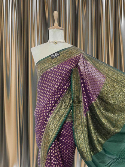Deep Purple Khaddi Georgette Antique Zari Banarasi Handloom Saree