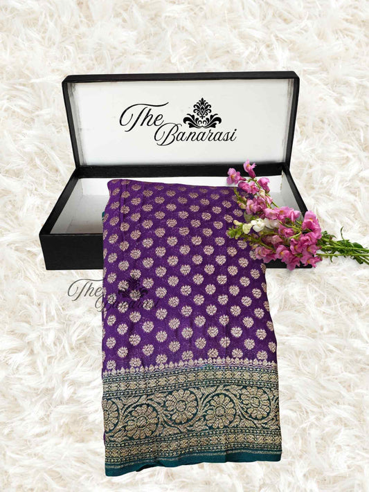Deep Purple Khaddi Georgette Antique Zari Banarasi Handloom Saree