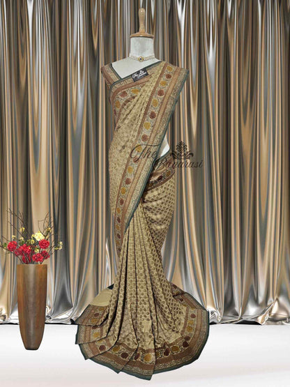 Light Gold Khaddi Georgette Hand Brush Antique Zari Banarasi Handloom Saree