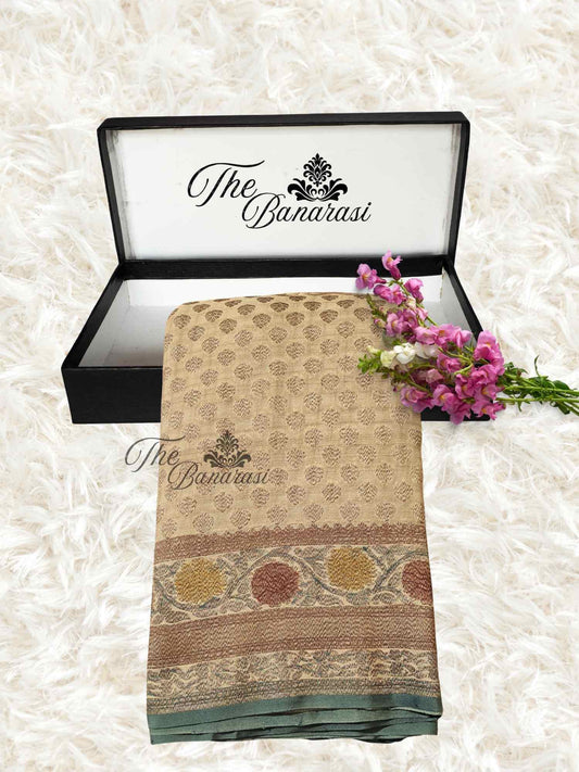Light Gold Khaddi Georgette Hand Brush Antique Zari Banarasi Handloom Saree