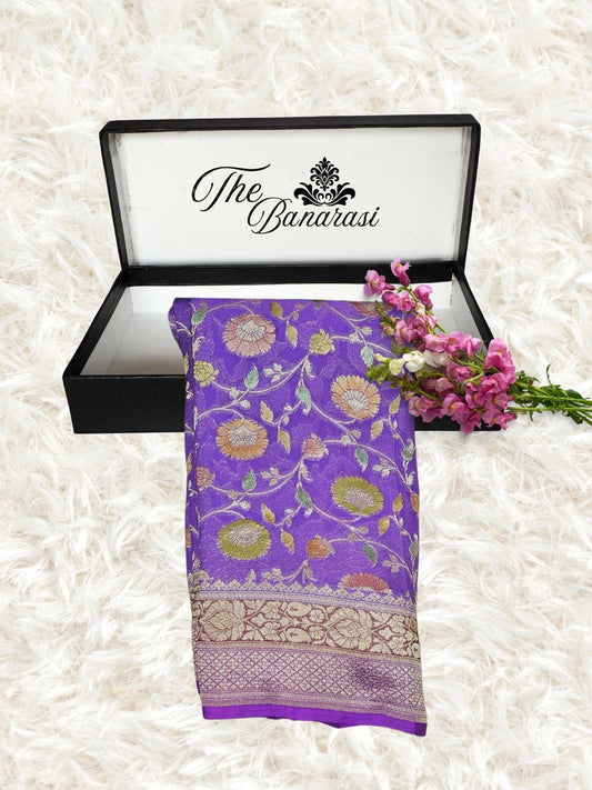 Electric Violet Khaddi Georgette Water Zari Banarasi Handloom Saree