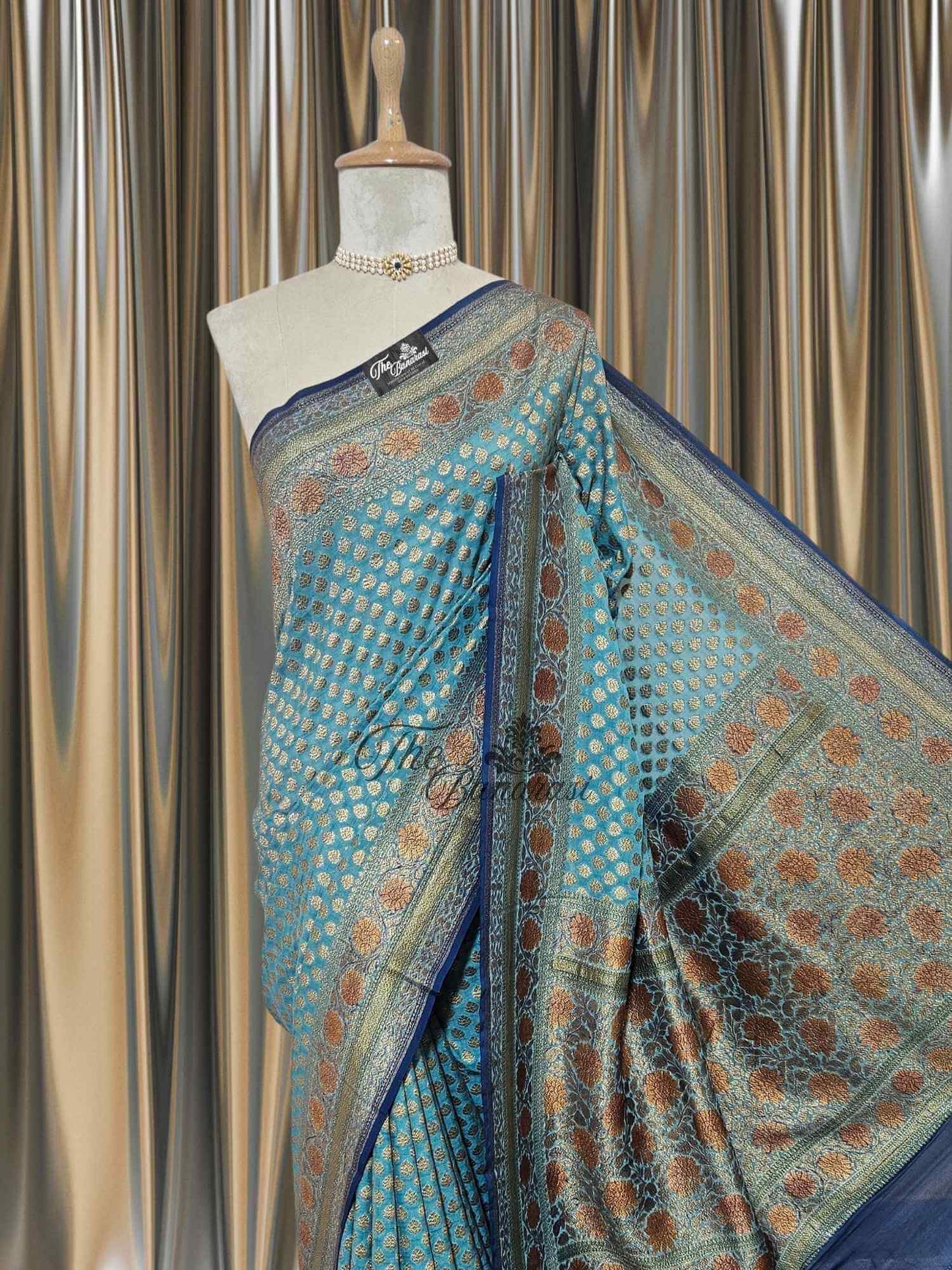 Persian Green Khaddi Georgette Hand Brush Antique Zari Banarasi Handloom Saree