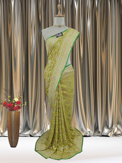 Lime Green Khaddi Georgette Water Zari Banarasi Handloom Saree