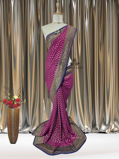 Strawberry Pink Khaddi Georgette Antique Zari Banarasi Handloom Saree