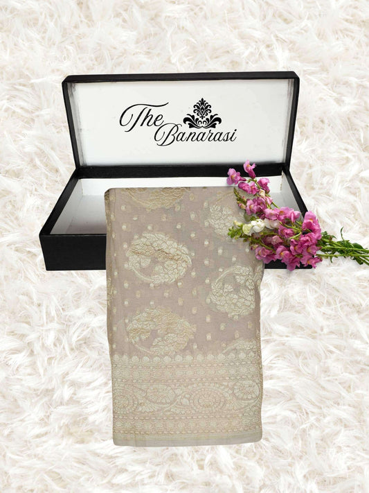 Cream Color Khaddi Georgette Water Zari Banarasi Handloom Saree