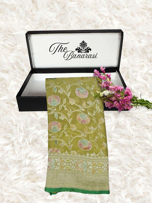 Lime Green Khaddi Georgette Water Zari Banarasi Handloom Saree