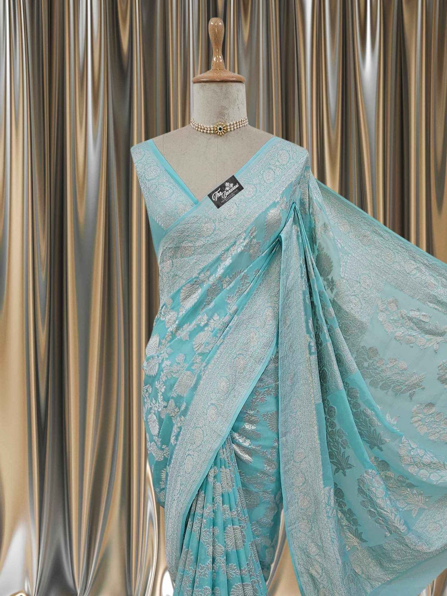 Baby Blue Khaddi Georgette Water Zari Banarasi Handloom Saree