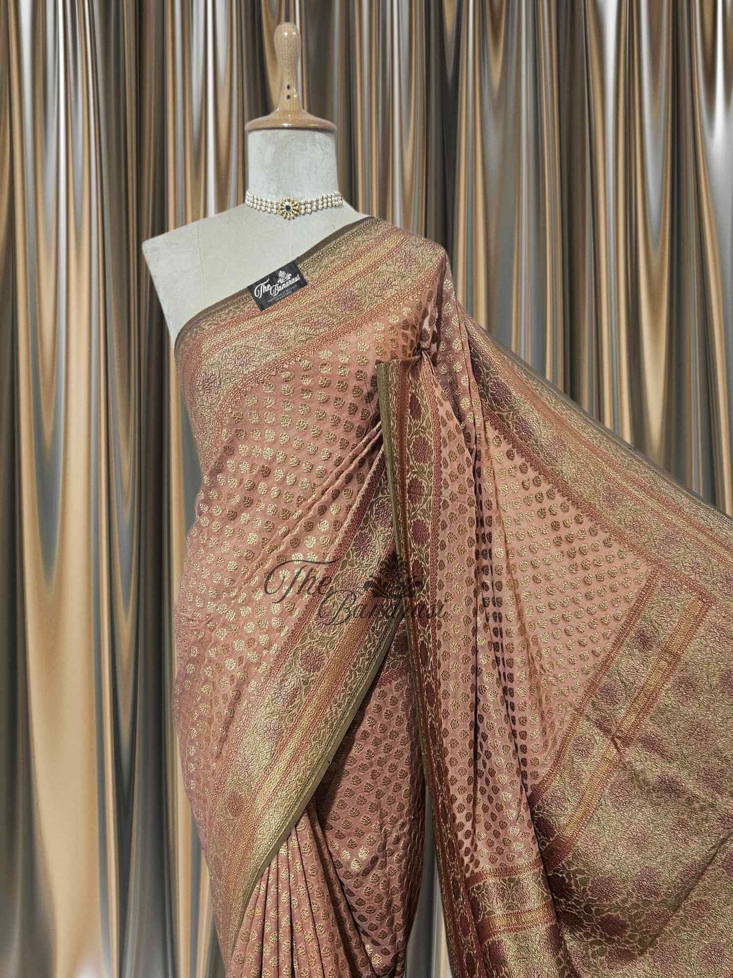 Light Brown Khaddi Georgette Hand Brush Antique Zari Banarasi Handloom Saree