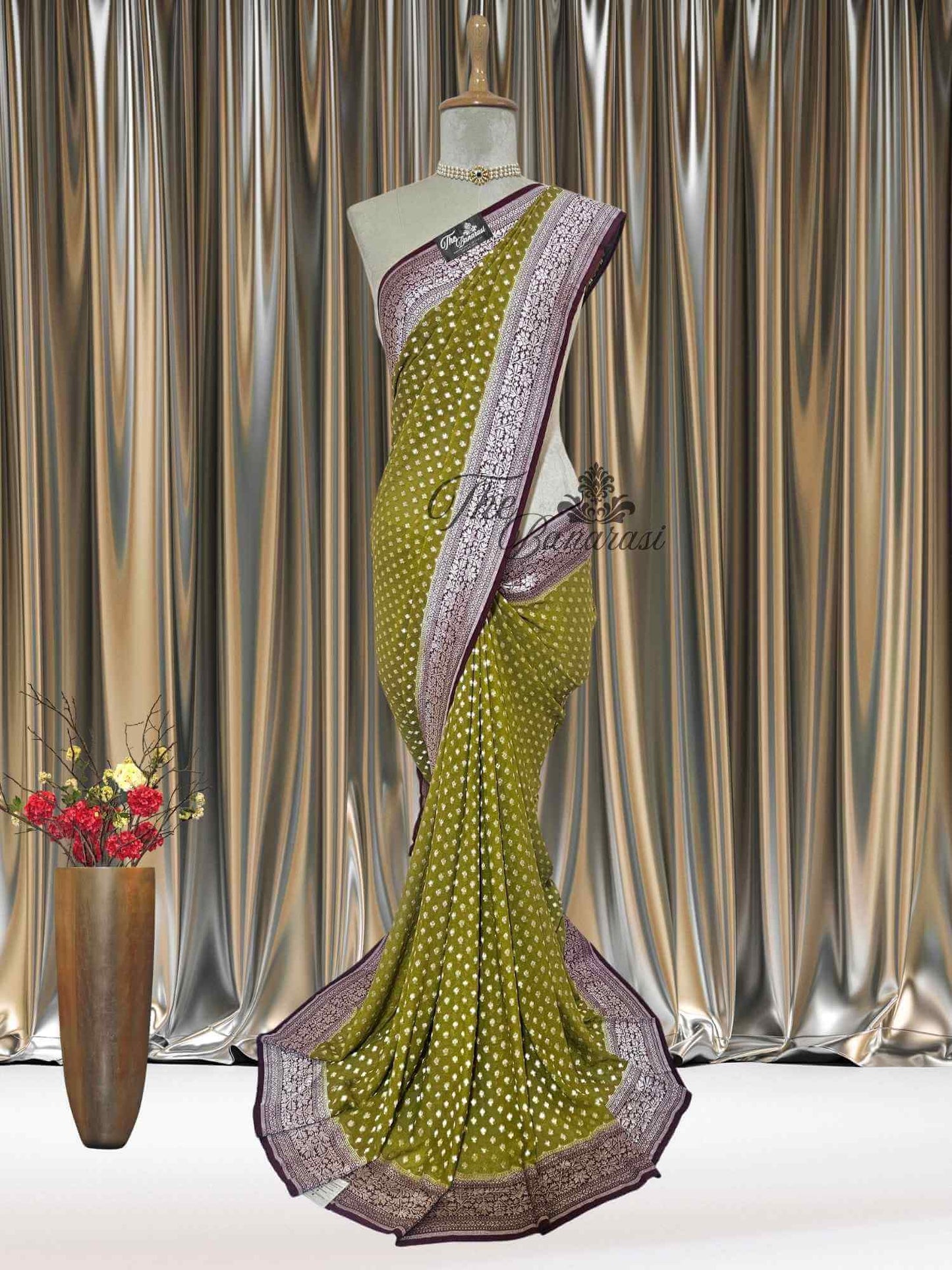 Olive Green Khaddi Georgette Water Zari Banarasi Handloom Saree