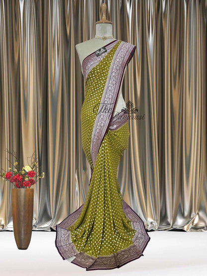 Olive Green Khaddi Georgette Water Zari Banarasi Handloom Saree