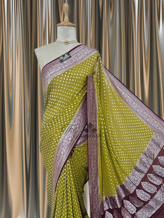 Olive Green Khaddi Georgette Water Zari Banarasi Handloom Saree